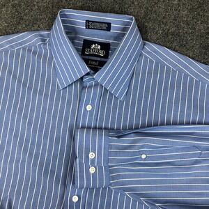 Stafford Mens Blue White Pinstripe Dress Shirt Wrinkle Free Fitted 17 1/2 34-35